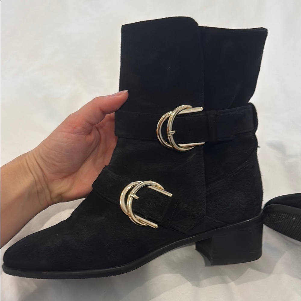 STUART WEITZMAN Black Ankle Boots with Metallic Buckles